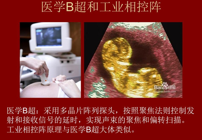 工業(yè)相控陣原理與醫(yī)學B超大體類似,醫(yī)學B超采用多晶片陣列探頭,按照聚焦法則控制發(fā)射和接收信號的延時,實現(xiàn)聲束的聚焦和偏轉(zhuǎn)掃描