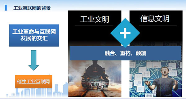 工業(yè)互聯(lián)網(wǎng)的背景：工業(yè)革命與互聯(lián)網(wǎng)發(fā)展的交匯催生出工業(yè)互聯(lián)網(wǎng)，工業(yè)文明加信息文明融合、重構(gòu)、顛覆。